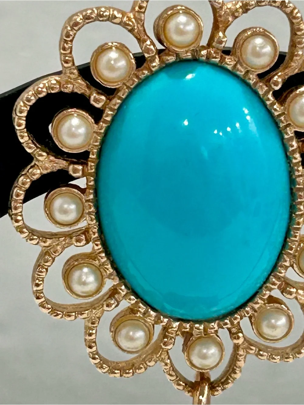 Vintage Sarah Faux Turquoise And Faux Pearl Brooch Oval Gold Tone Tassel Signed